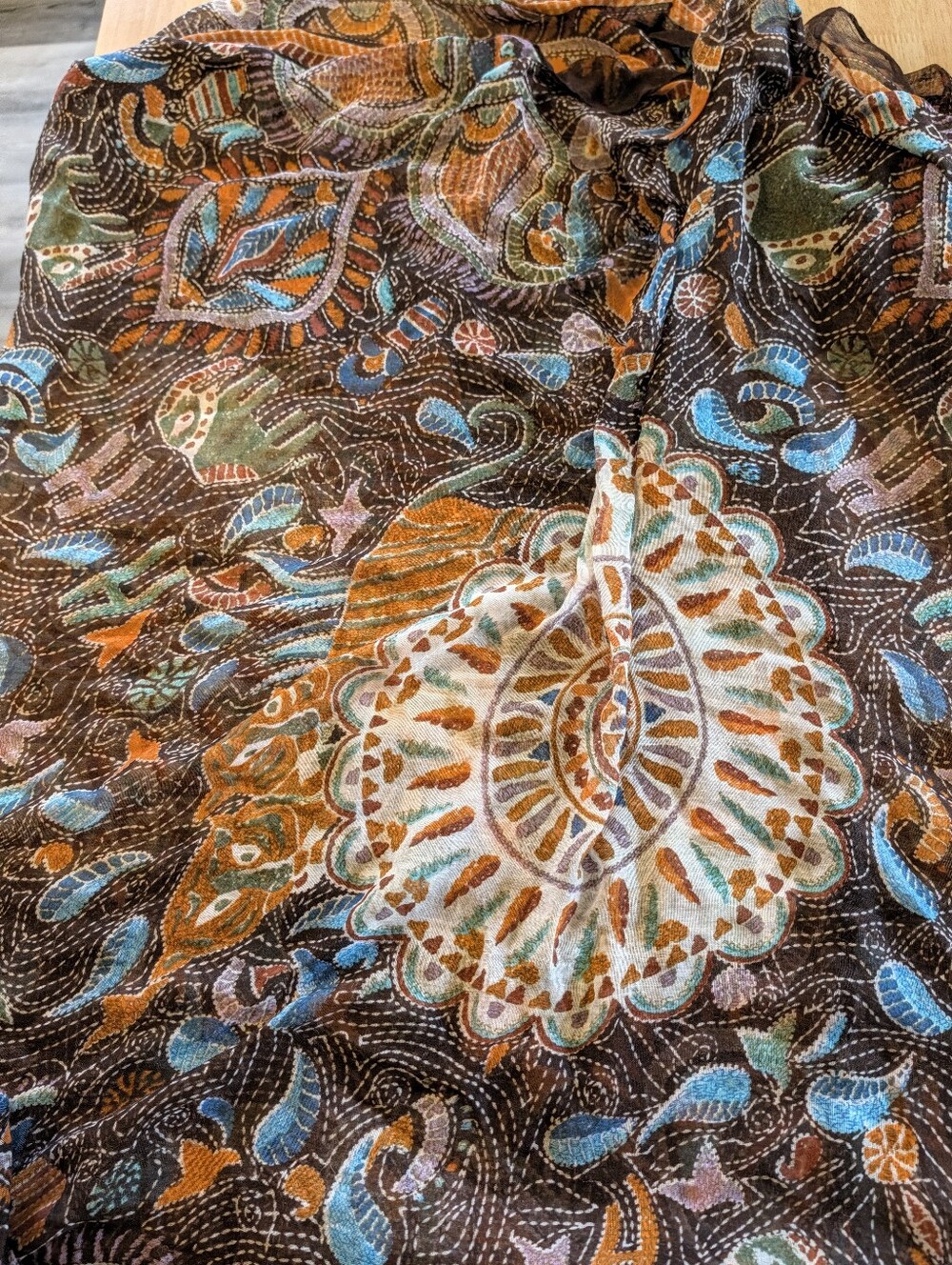 Large, Sheer Infinity Scarf - Colorful With Indian Elephants and Design elements